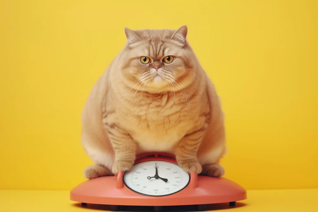 Gato obeso sobre una báscula, de forma caricaturezca.