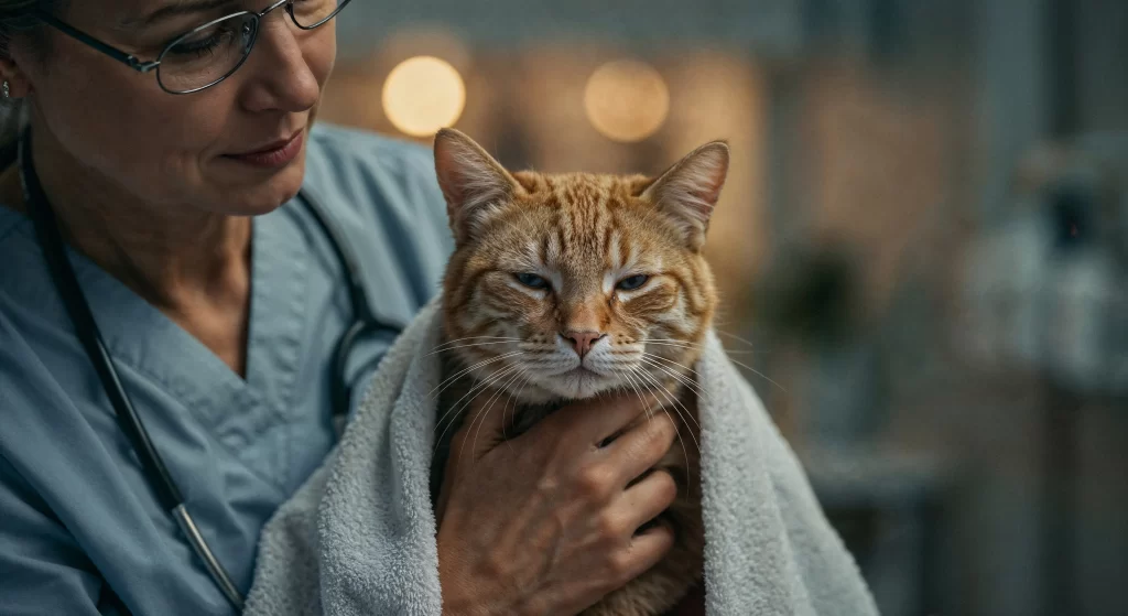 Gato enfermo con su veterinaria antes de recibir vacunas.
