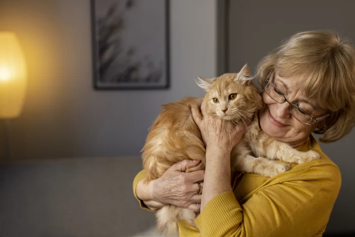 Cuánto viven los gatos: mujer mayor con su mascota.