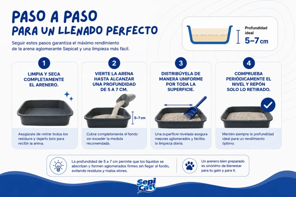 Paso a paso para un llenado perfecto arena para gato Sepicat