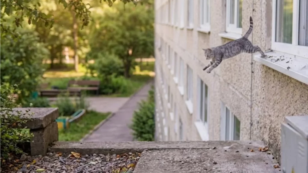 Fotografía de un gato atigrado gris saltando desde el alféizar de una ventana del segundo piso, capturando el momento del accidente asociado al síndrome del gato paracaidista.