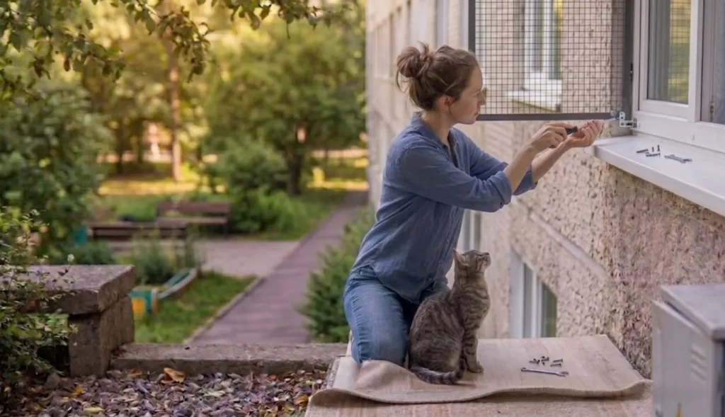 Una mujer instala una red de seguridad en una ventana mientras su gato atigrado observa, mostrando la prevención efectiva contra el síndrome del gato paracaidista.