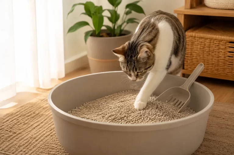 gato jugando en su caja de area - Arena absorbente